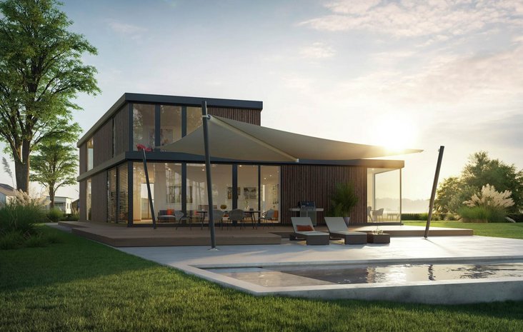 Haus mit Sonnensegel Modernes, zweigeschossiges Haus mit großen Glasfronten, Sonnensegel über Terrasse und Pool im Garten.